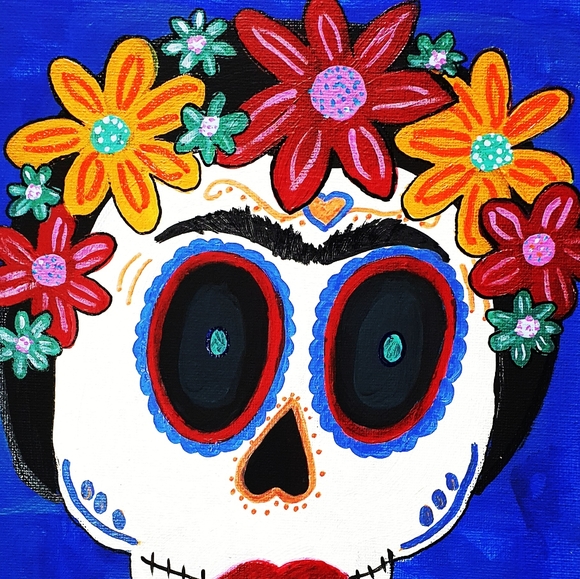 Frida Kahlo Sugar Skull 7 Acrylic Painting - Picture 2 of 7